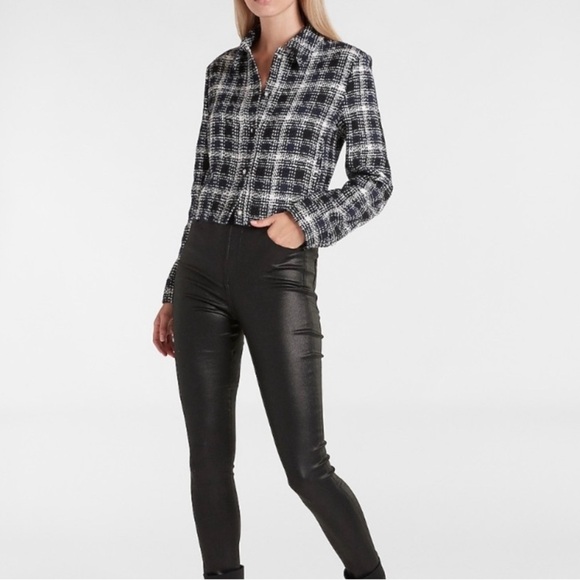 Express Black, Blue & White Cropped Tweed Embellished Shirt Jacket- NWT - Picture 10 of 17